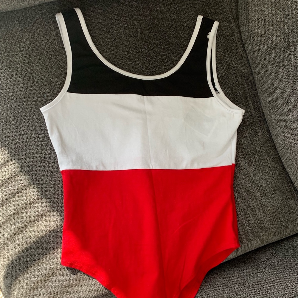 Black, white, and red bodysuit